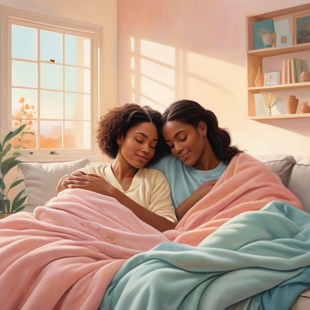 A serene scene depicting a diverse couple sitting together on a cozy couch, surrounded by soft blankets and warm lighting, symbolizing emotional safety. In the background, floating icons of financial and health coverage options are illustrated, showcasing a blend of love and security. The couple shares a comforting glance, embodying peace and support. Soft pastel colors enhance the feeling of warmth and safety. painting. vibrant colors.