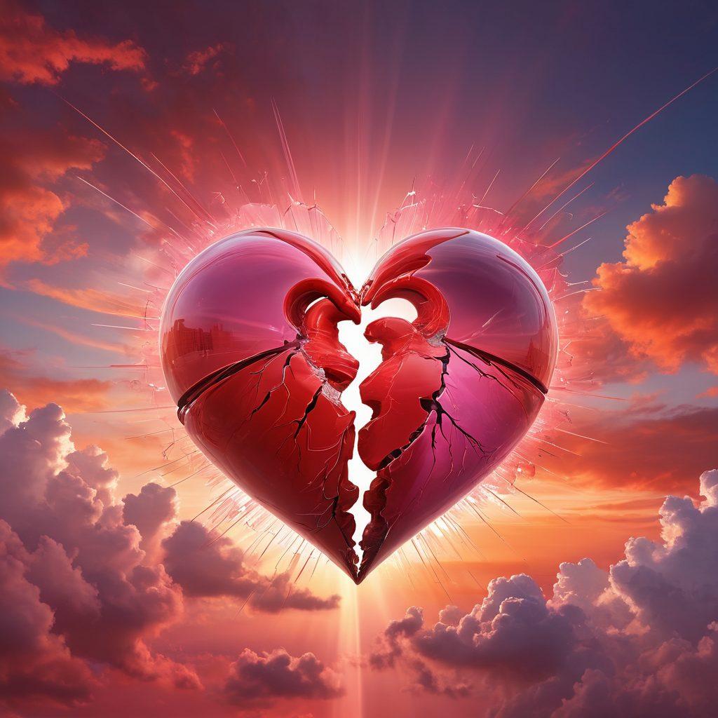 An abstract representation of a heart split in half, one side vibrant and passionate with colors of red and pink, and the other side shielded with a transparent, shimmering barrier symbolizing protection. Surrounding the heart are globe icons interconnected with lines, representing global connections. The background features soft clouds blending into a sunrise for hope and new beginnings. super-realistic. vibrant colors. soft-focus background.