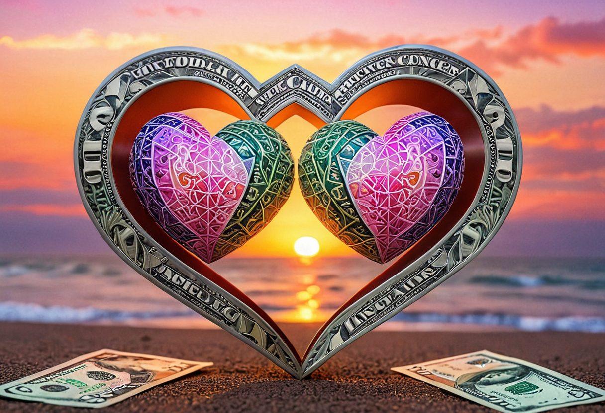 A visual representation of two intertwined hearts, one made of colorful dollar bills and the other covered in protective armor. In the background, a soft sunset symbolizes passionate commitments, while a shield envelops them, signifying the concept of relationship insurance. Gentle, warm colors should dominate, evoking feelings of love and security. super-realistic. vibrant colors. soft background.